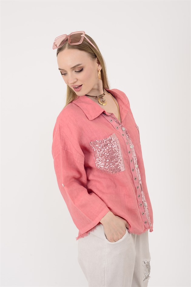 E3086 ZIMBA DETAYLI PAYETLİ KETEN GÖMLEK