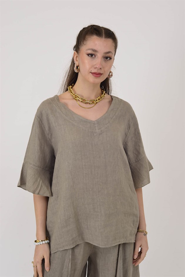 E31081 V YAKA KETEN BLUZ