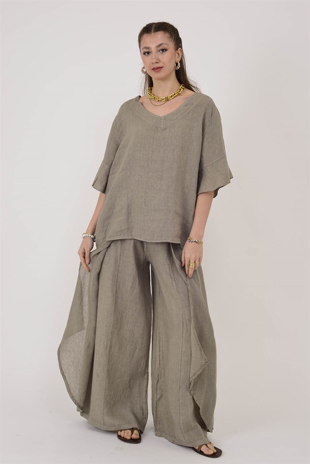 E31081 V YAKA KETEN BLUZ