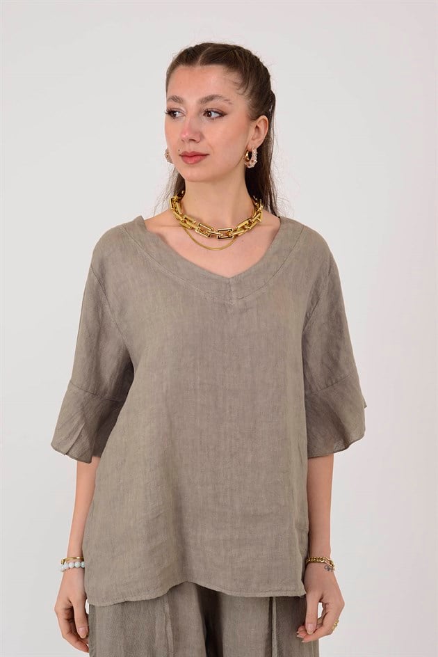 E31081 V YAKA KETEN BLUZ