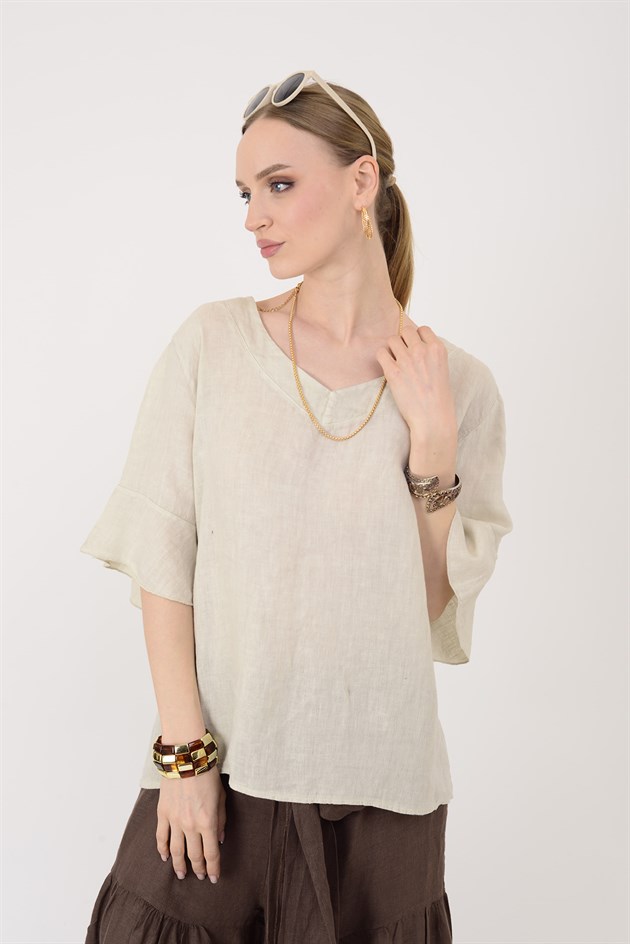 E31081 V YAKA KETEN BLUZ