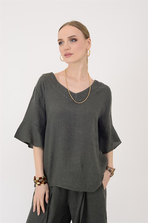 E31081 V YAKA KETEN BLUZ