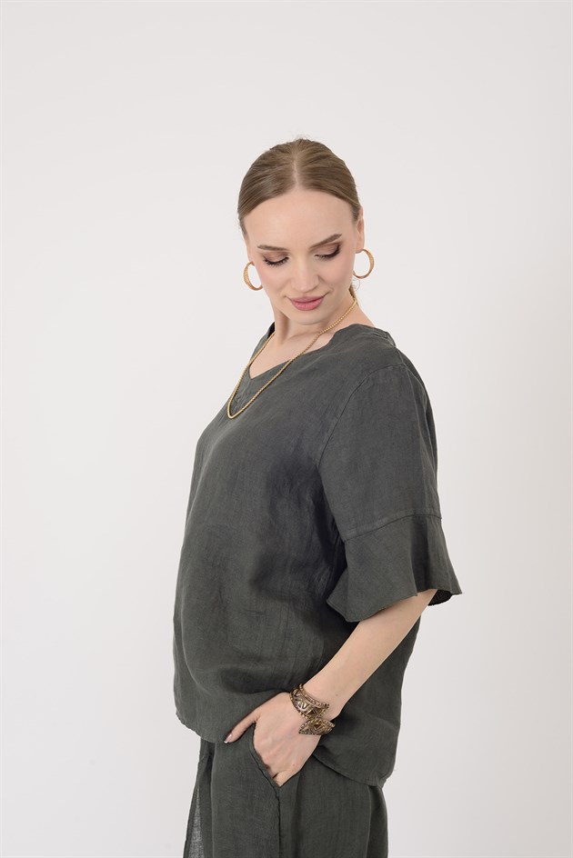 E31081 V YAKA KETEN BLUZ