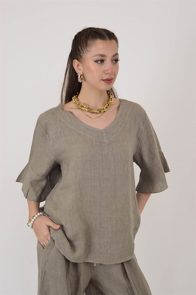 E31081 V YAKA KETEN BLUZ