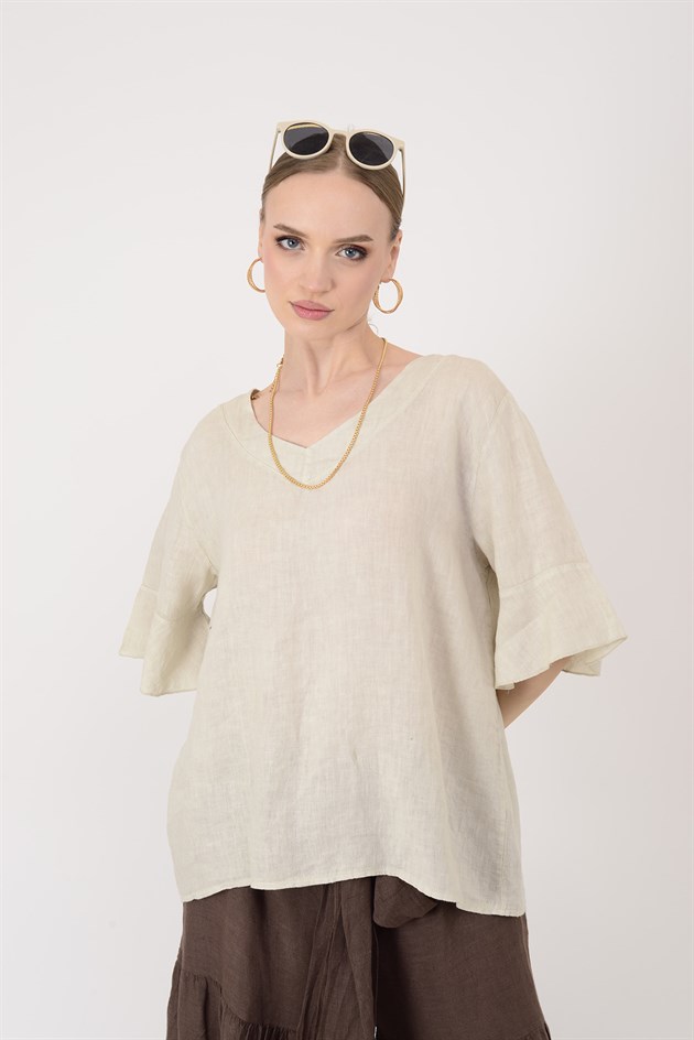E31081 V YAKA KETEN BLUZ