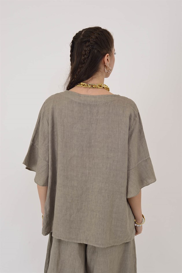 E31081 V YAKA KETEN BLUZ