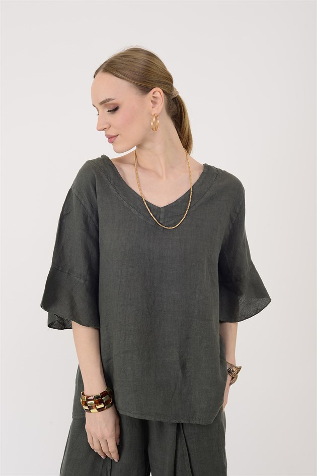 E31081 V YAKA KETEN BLUZ