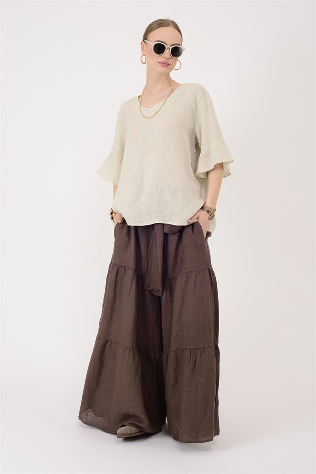 E31081 V YAKA KETEN BLUZ