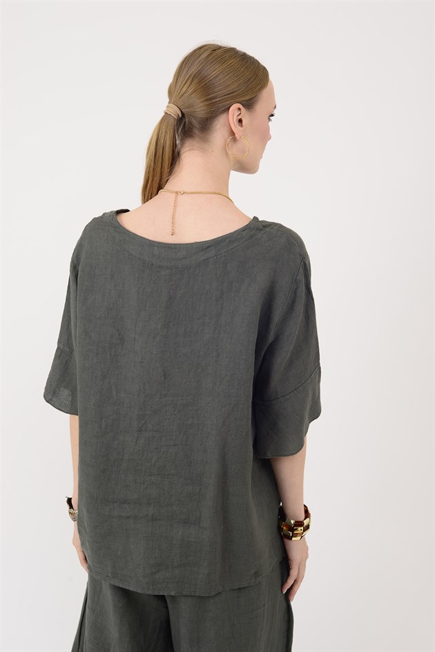 E31081 V YAKA KETEN BLUZ