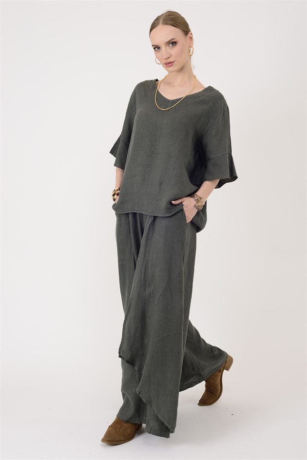 E31081 V YAKA KETEN BLUZ