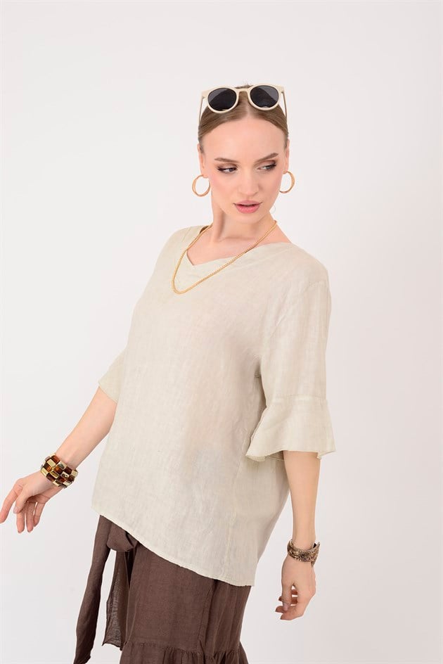 E31081 V YAKA KETEN BLUZ
