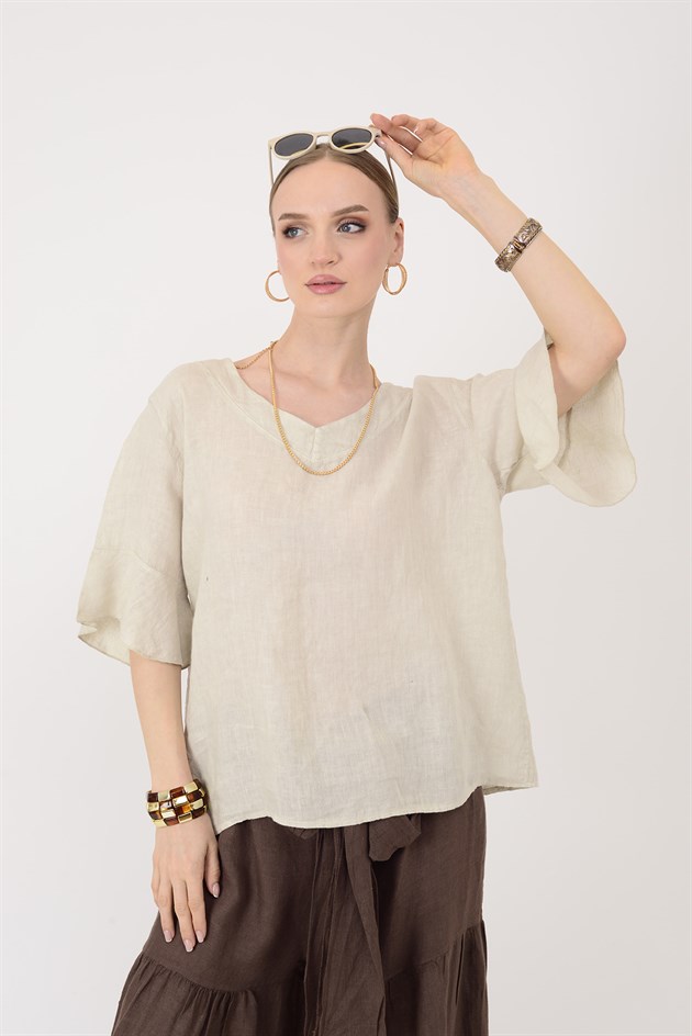 E31081 V YAKA KETEN BLUZ