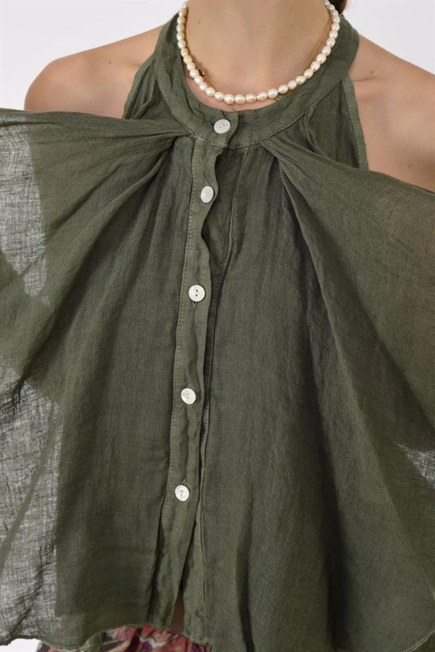 E3132 FIRFIRLI HALTER YAKA KOLSUZ KETEN BLUZ