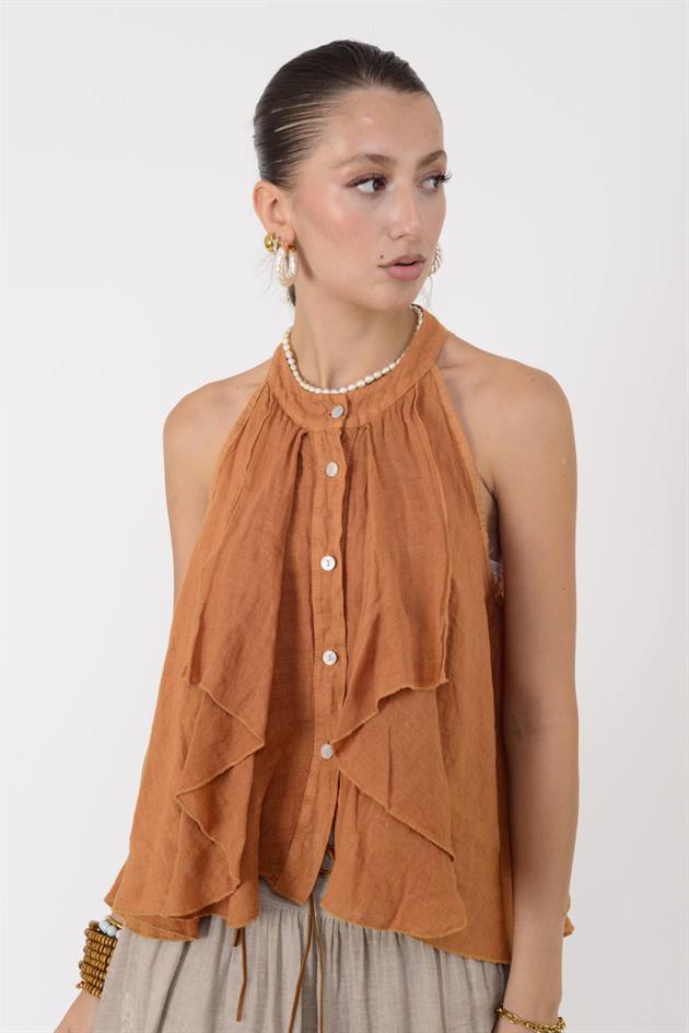 E3132 FIRFIRLI HALTER YAKA KOLSUZ KETEN BLUZ