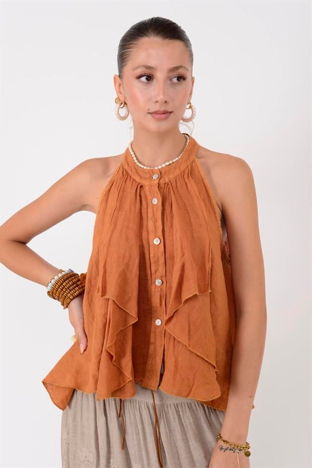 E3132 FIRFIRLI HALTER YAKA KOLSUZ KETEN BLUZ