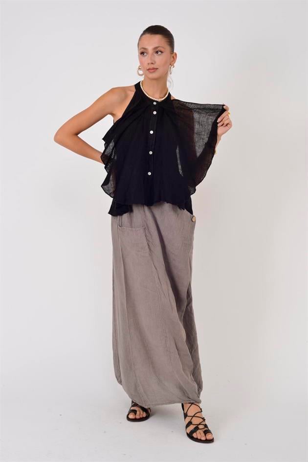 E3132 FIRFIRLI HALTER YAKA KOLSUZ KETEN BLUZ