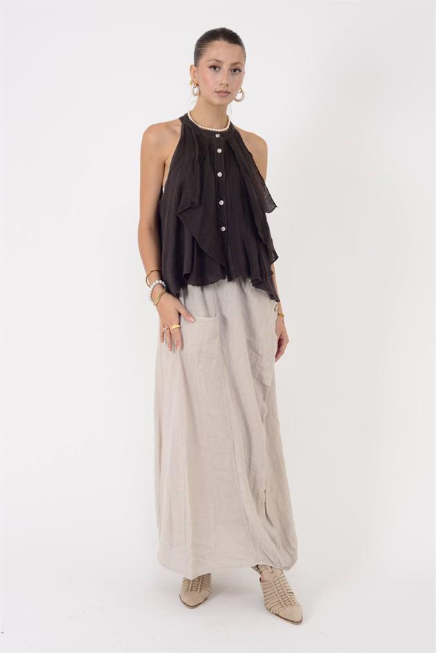 E3132 FIRFIRLI HALTER YAKA KOLSUZ KETEN BLUZ