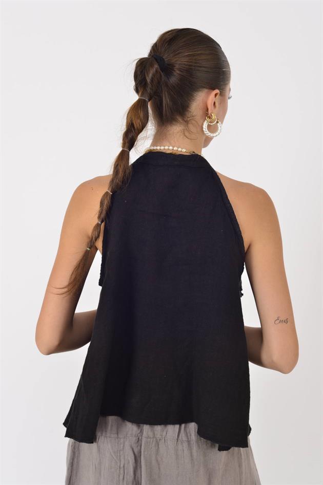 E3132 FIRFIRLI HALTER YAKA KOLSUZ KETEN BLUZ