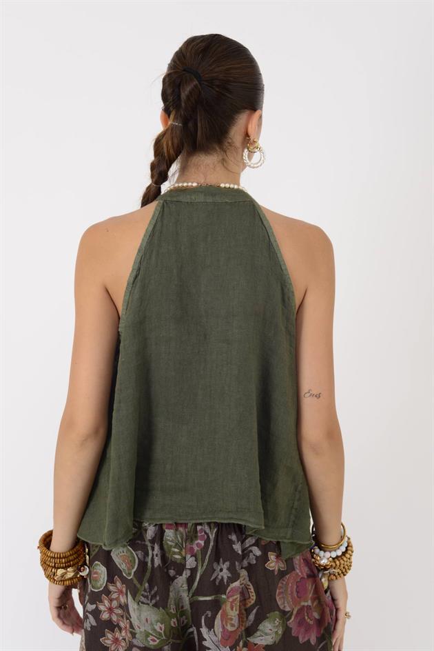 E3132 FIRFIRLI HALTER YAKA KOLSUZ KETEN BLUZ