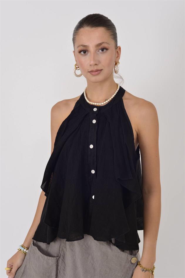 E3132 FIRFIRLI HALTER YAKA KOLSUZ KETEN BLUZ