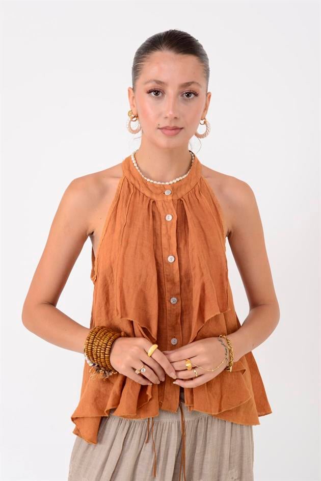 E3132 FIRFIRLI HALTER YAKA KOLSUZ KETEN BLUZ