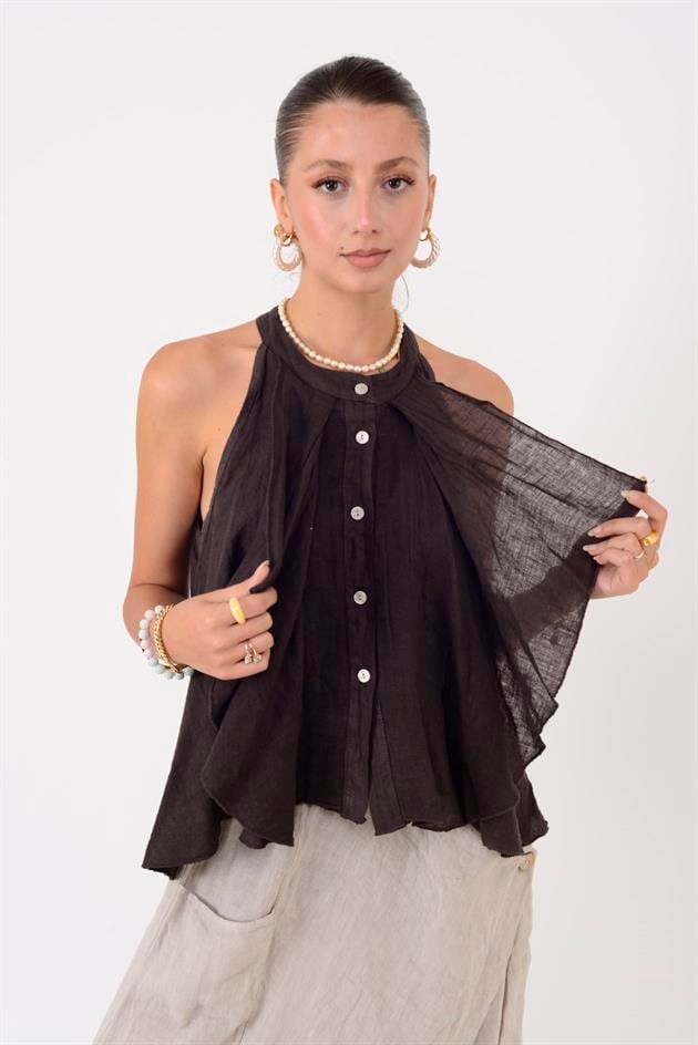 E3132 FIRFIRLI HALTER YAKA KOLSUZ KETEN BLUZ