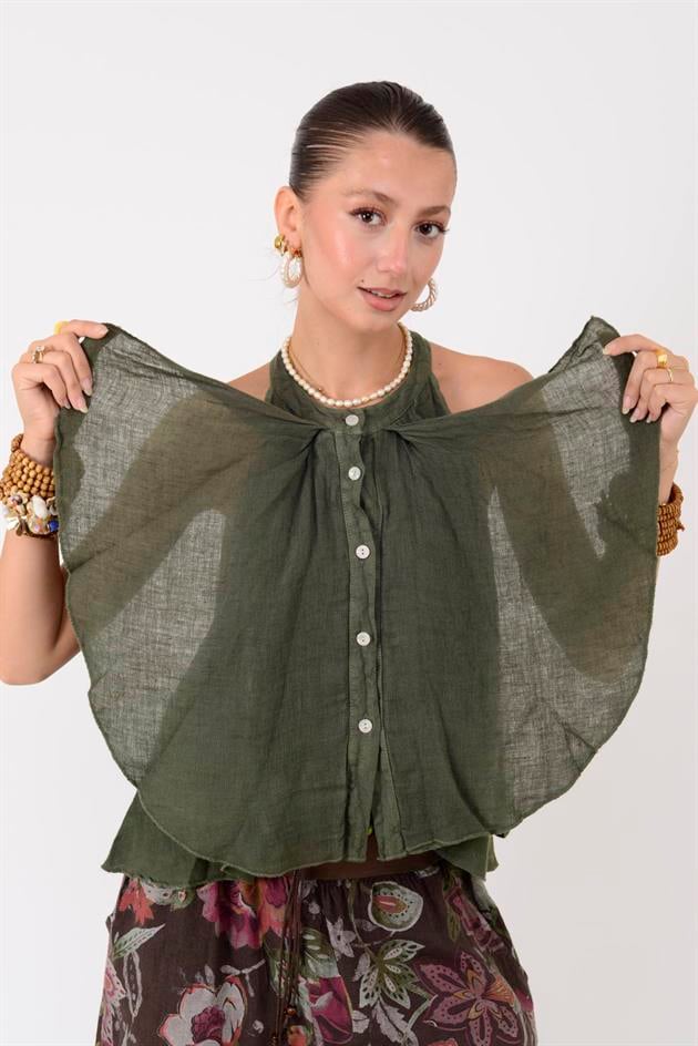 E3132 FIRFIRLI HALTER YAKA KOLSUZ KETEN BLUZ