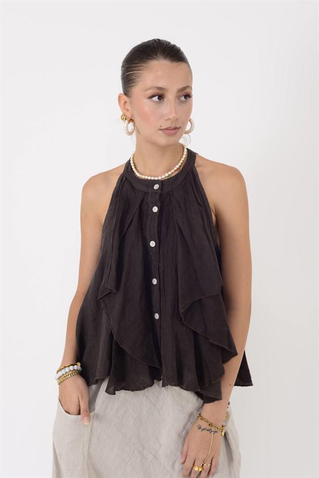 E3132 FIRFIRLI HALTER YAKA KOLSUZ KETEN BLUZ