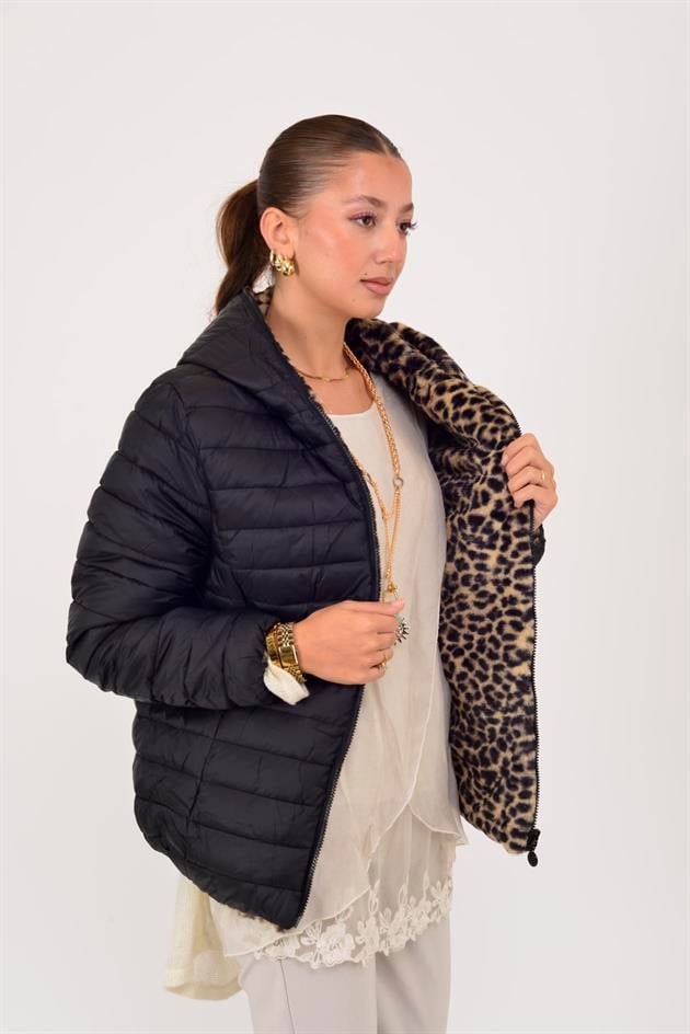 HV811 TWIN KÜRK DETAYLI LEOPARLI ÇİFT TARAFLI MONT