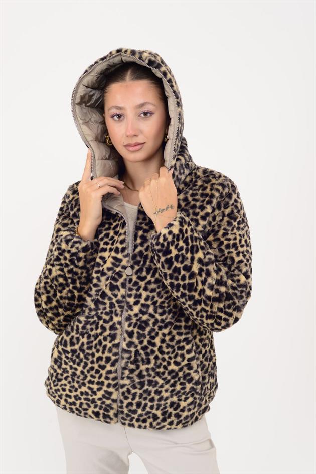 HV811 TWIN KÜRK DETAYLI LEOPARLI ÇİFT TARAFLI MONT