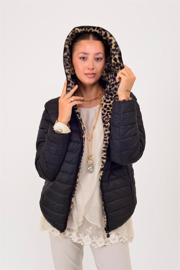 HV811 TWIN KÜRK DETAYLI LEOPARLI ÇİFT TARAFLI MONT