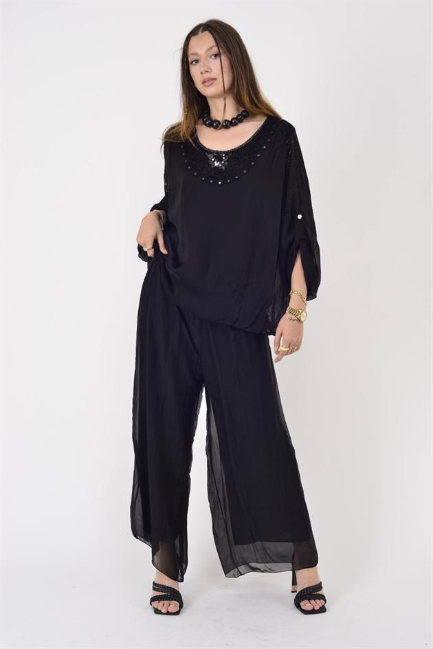 SN274 PAYET DETAYLI SIRTI DANTELLİ İPEK TAKIM