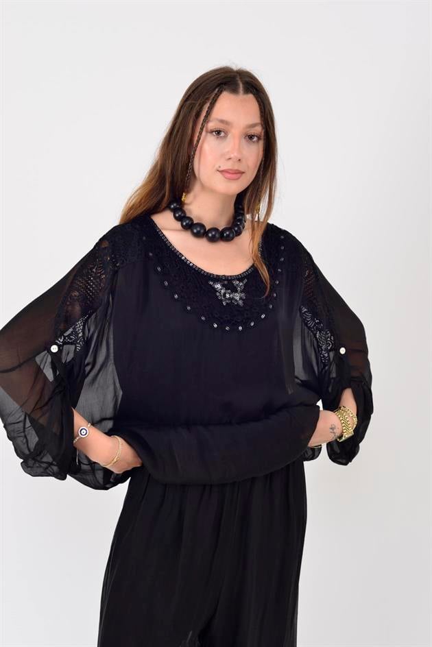 SN274 PAYET DETAYLI SIRTI DANTELLİ İPEK TAKIM