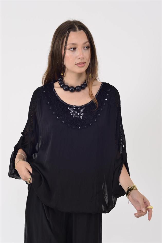 SN274 PAYET DETAYLI SIRTI DANTELLİ İPEK TAKIM