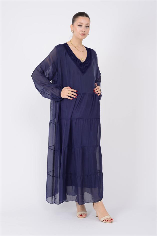 SN284 DANTEL DETAYLI V YAKA İPEK ELBİSE