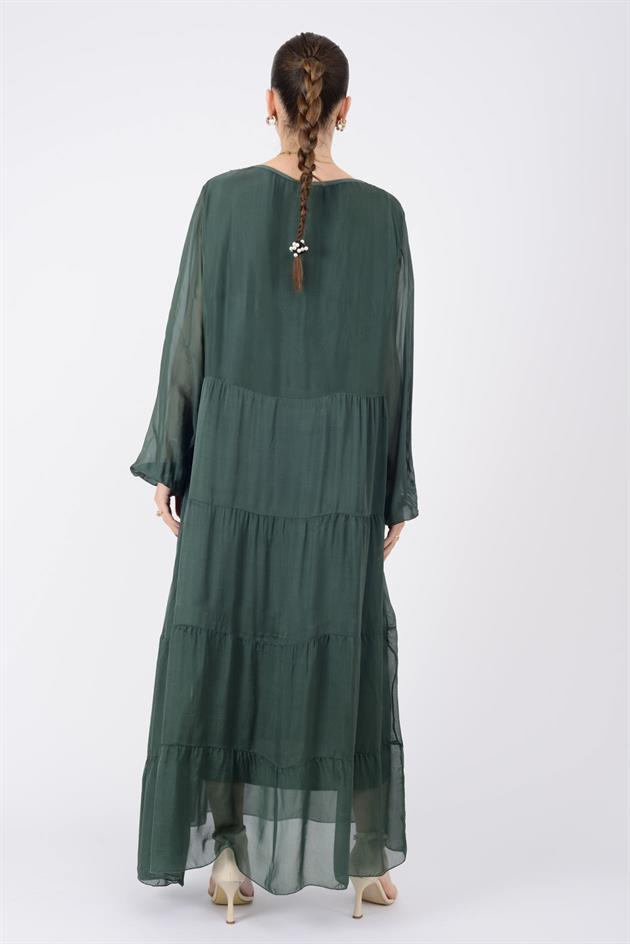 SN284 DANTEL DETAYLI V YAKA İPEK ELBİSE