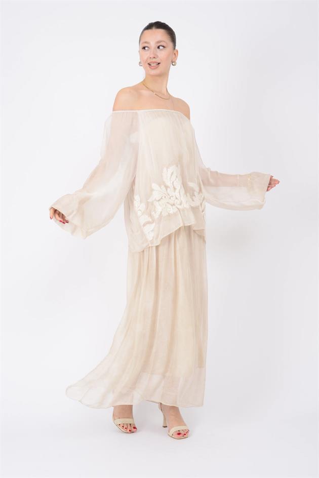 SN338 KABARTMALI PAYETLİ MADONNA YAKA İPEK ELBİSE