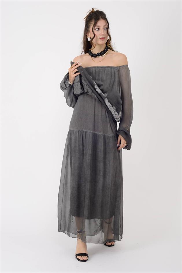 SN338 KABARTMALI PAYETLİ MADONNA YAKA İPEK ELBİSE