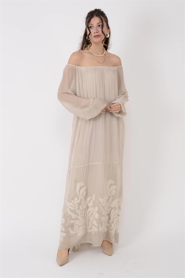 SN370 KABARTMALI PAYET DETAYLI MADONNA YAKA İPEK ELBİSE