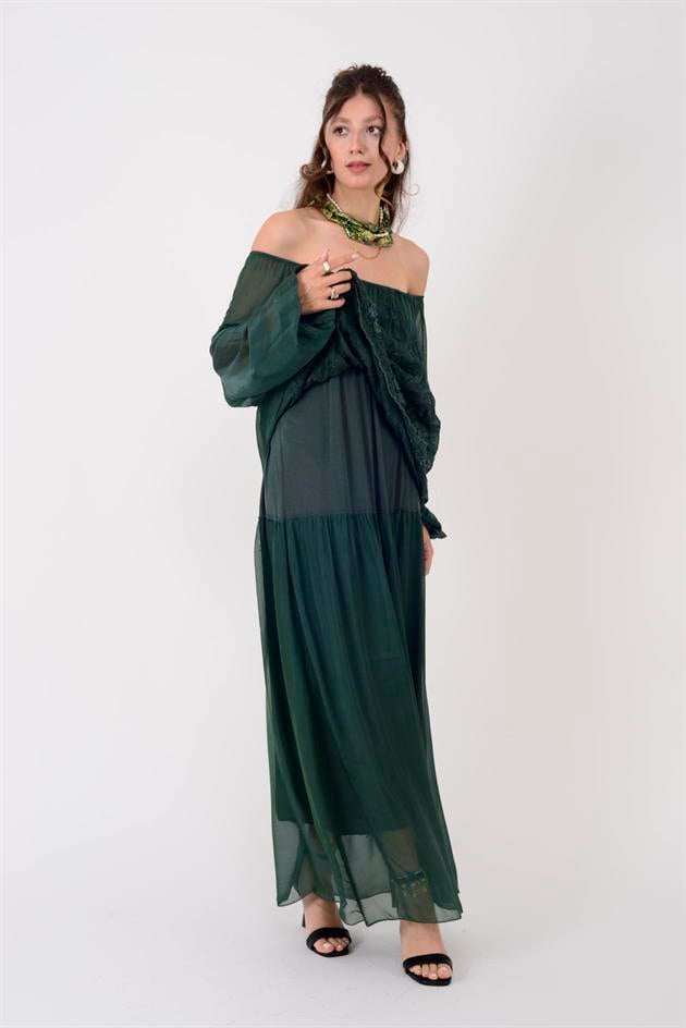 SN381 MADONNA YAKA İŞLEME DETAYLI İPEK ELBİSE