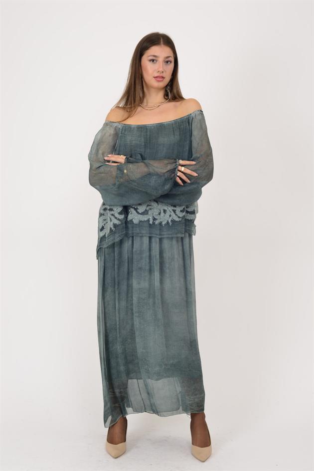 SN510 MADONNA YAKA KABARTMALI PAYET DETAYLI İPEK ELBİSE