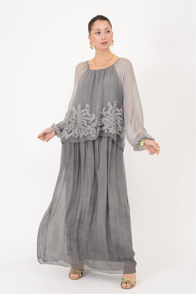 SN510 MADONNA YAKA KABARTMALI PAYET DETAYLI İPEK ELBİSE