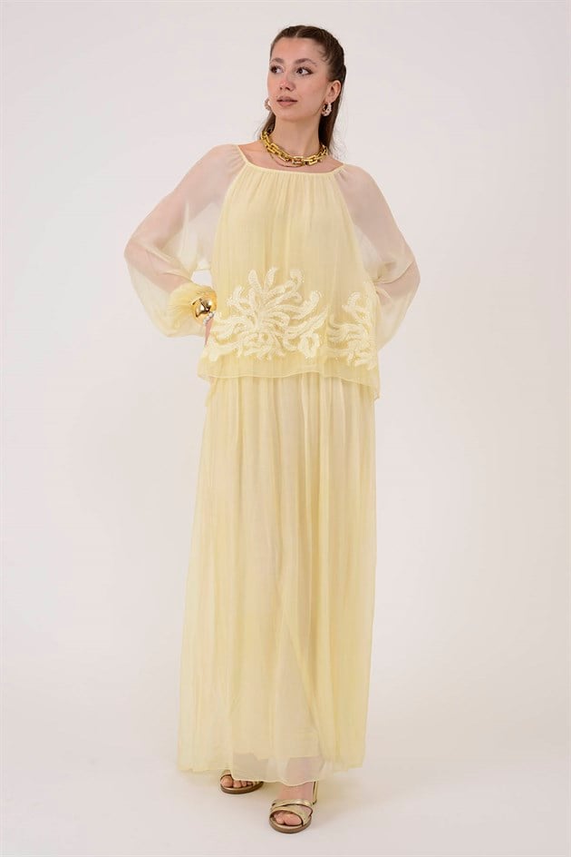 SN510 MADONNA YAKA KABARTMALI PAYET DETAYLI İPEK ELBİSE