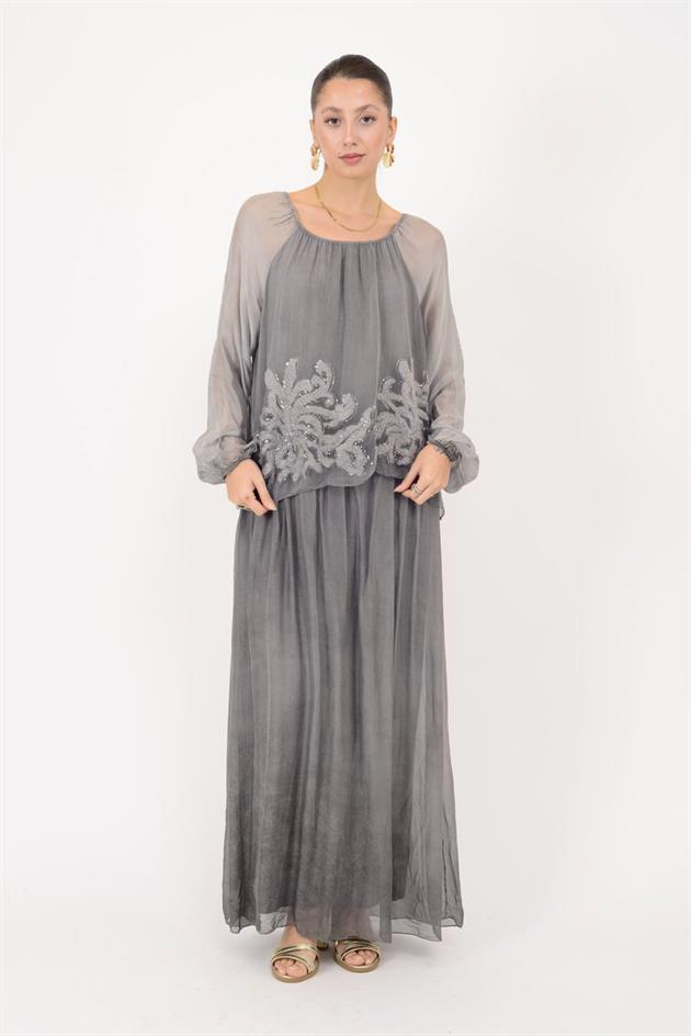 SN510 MADONNA YAKA KABARTMALI PAYET DETAYLI İPEK ELBİSE