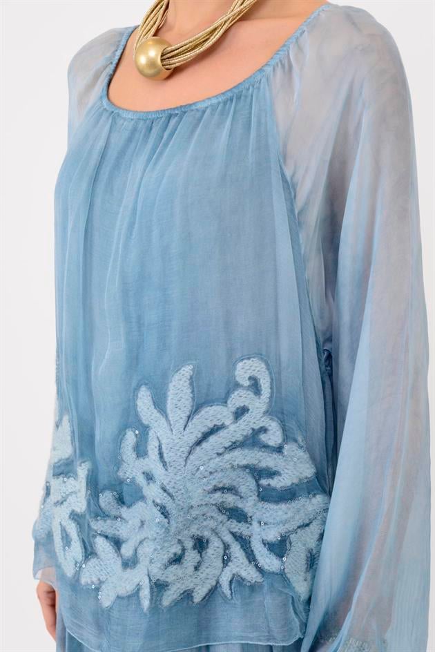 SN510 MADONNA YAKA KABARTMALI PAYET DETAYLI İPEK ELBİSE