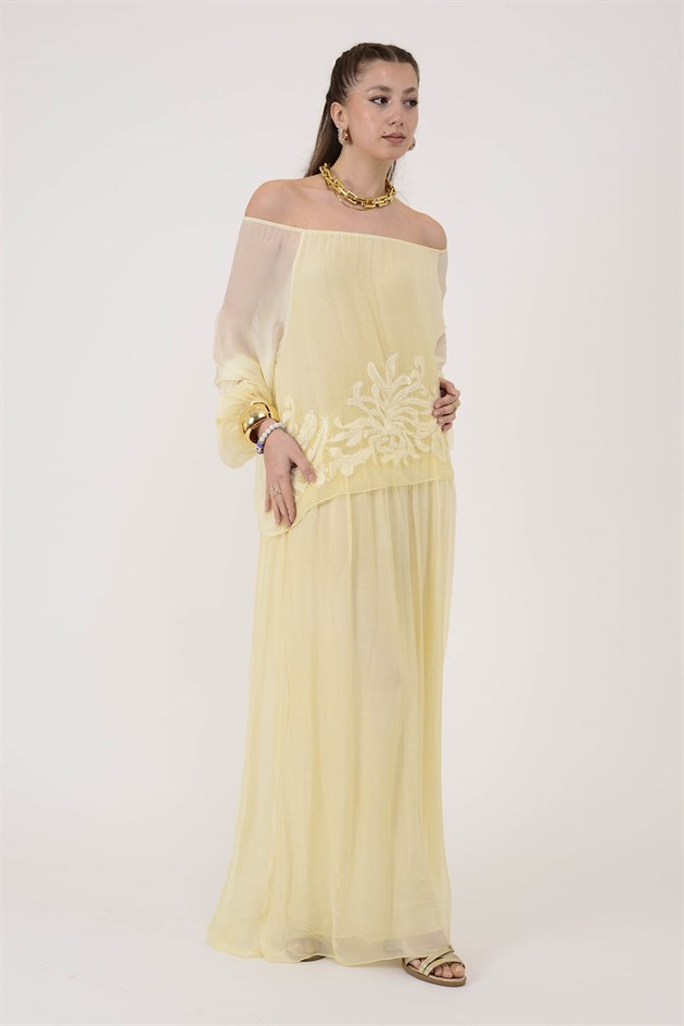 SN510 MADONNA YAKA KABARTMALI PAYET DETAYLI İPEK ELBİSE