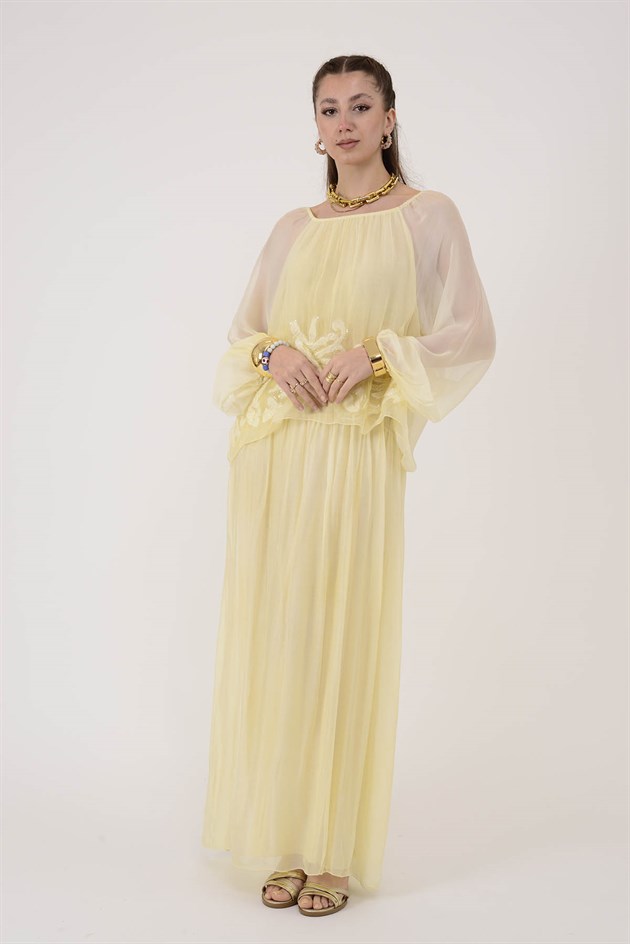 SN510 MADONNA YAKA KABARTMALI PAYET DETAYLI İPEK ELBİSE