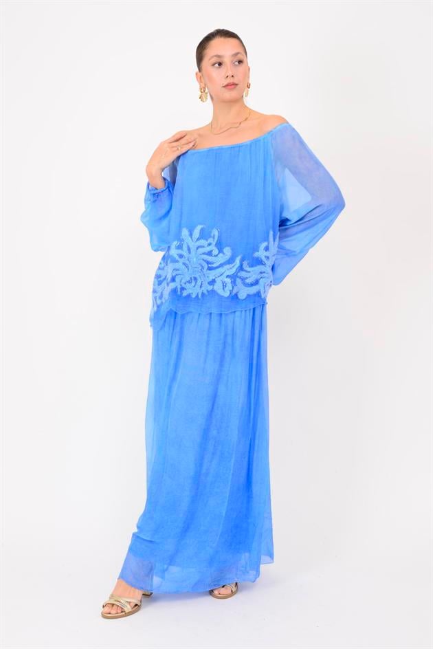 SN510 MADONNA YAKA KABARTMALI PAYET DETAYLI İPEK ELBİSE