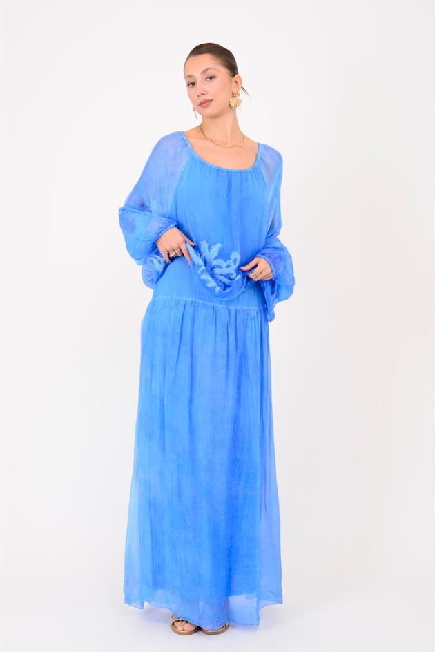 SN510 MADONNA YAKA KABARTMALI PAYET DETAYLI İPEK ELBİSE