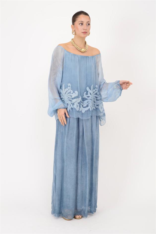 SN510 MADONNA YAKA KABARTMALI PAYET DETAYLI İPEK ELBİSE